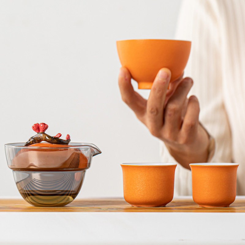 聚山堂陶瓷快客杯一壶三杯玻璃便携式旅行茶具收纳包茶杯套装简约