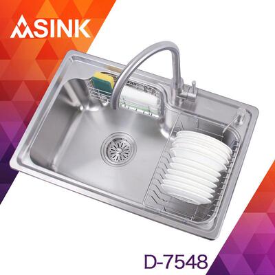 304不锈钢带置物篮沥水篮韩款7548厨房大单盆加厚大单槽D洗碗槽