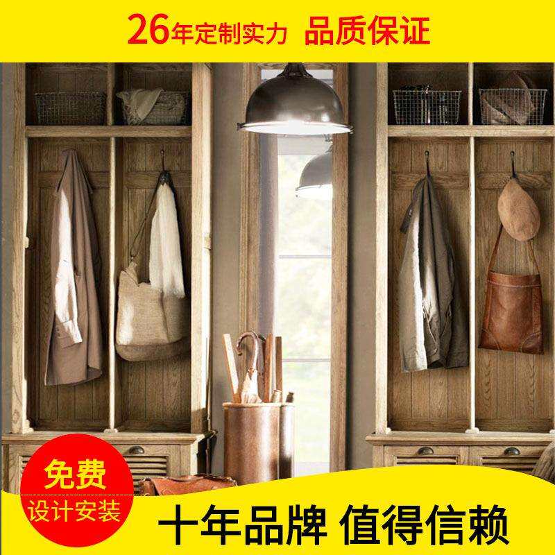 进门整体鞋柜入门鞋柜衣帽柜组合美式乡村复古实木鞋柜衣架一体