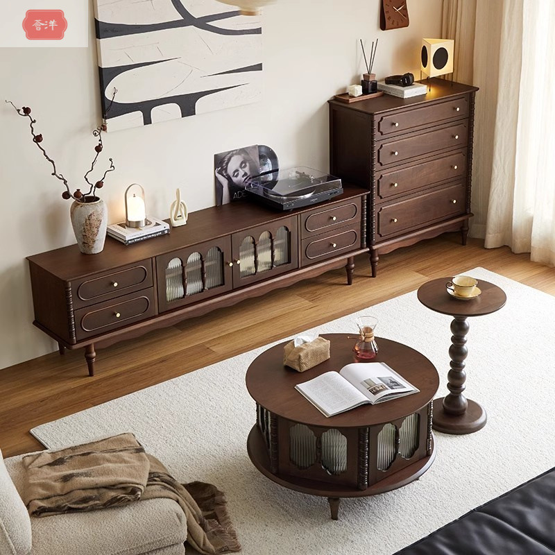 实木复古胡桃木色斗柜组合柜收纳边柜小户型卧室靠墙储物电视柜
