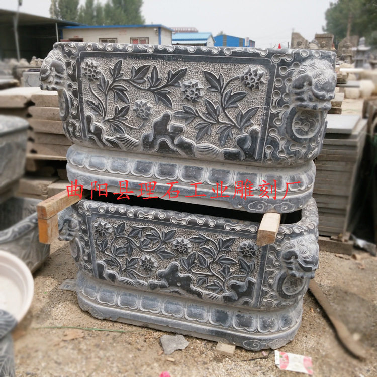 厂家直供石雕鱼缸大理石石雕花盆青石仿古鱼缸石槽庭院摆件 长1米