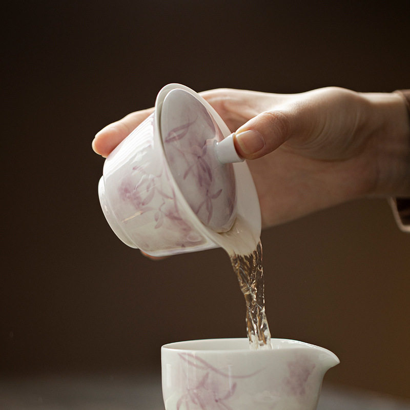 手绘泡茶器薄胎陶瓷泡茶碗纯手工白瓷不盖碗家用兰花烫手茶杯