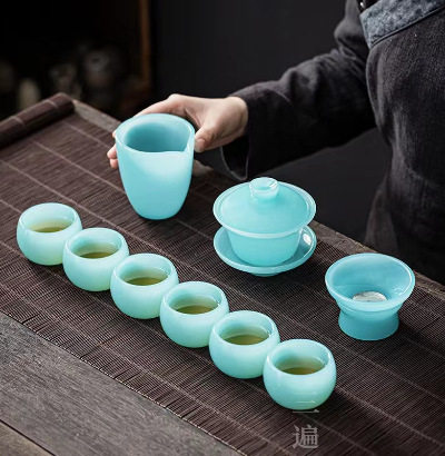 淘瓷八中式古典琉璃龙凤山水鱼茶具套装14头琉璃精美旅行茶具