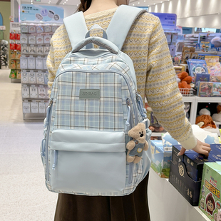 韩系书包女初中生ins风格纹双肩包高颜值大容量小众轻便百搭背包