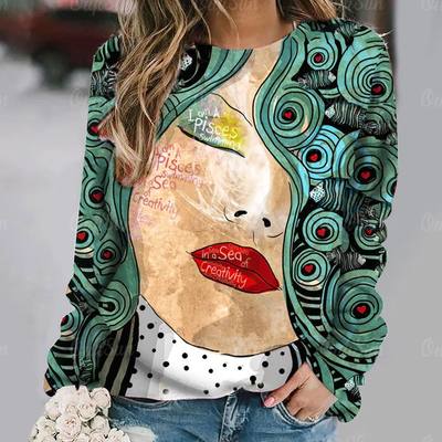 Women‘s Cotton T-shirt Colourful Face Printed Long Sle