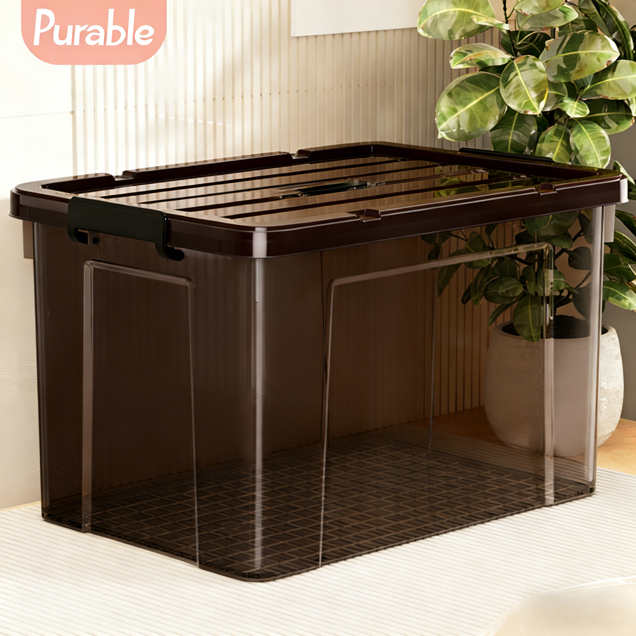 家用大容量透明茶色收纳箱超大塑料整理箱衣服衣物加厚手提储物箱