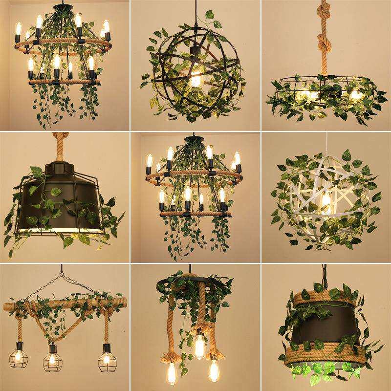 工业风植物吊灯创意个性餐厅复古音乐餐吧酒吧麻绳繁花绿植田园灯
