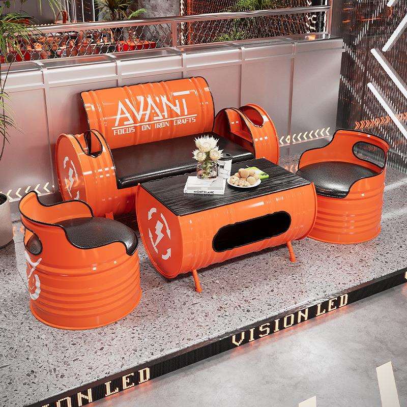 工业风卡座沙发办公室沙发茶几健身房酒吧休息区铁艺油桶桌椅组合