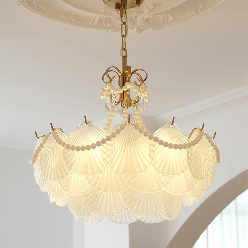 法式复古吊灯客厅主灯奶油风轻奢创意贝壳玻璃灯具温馨房间卧室灯