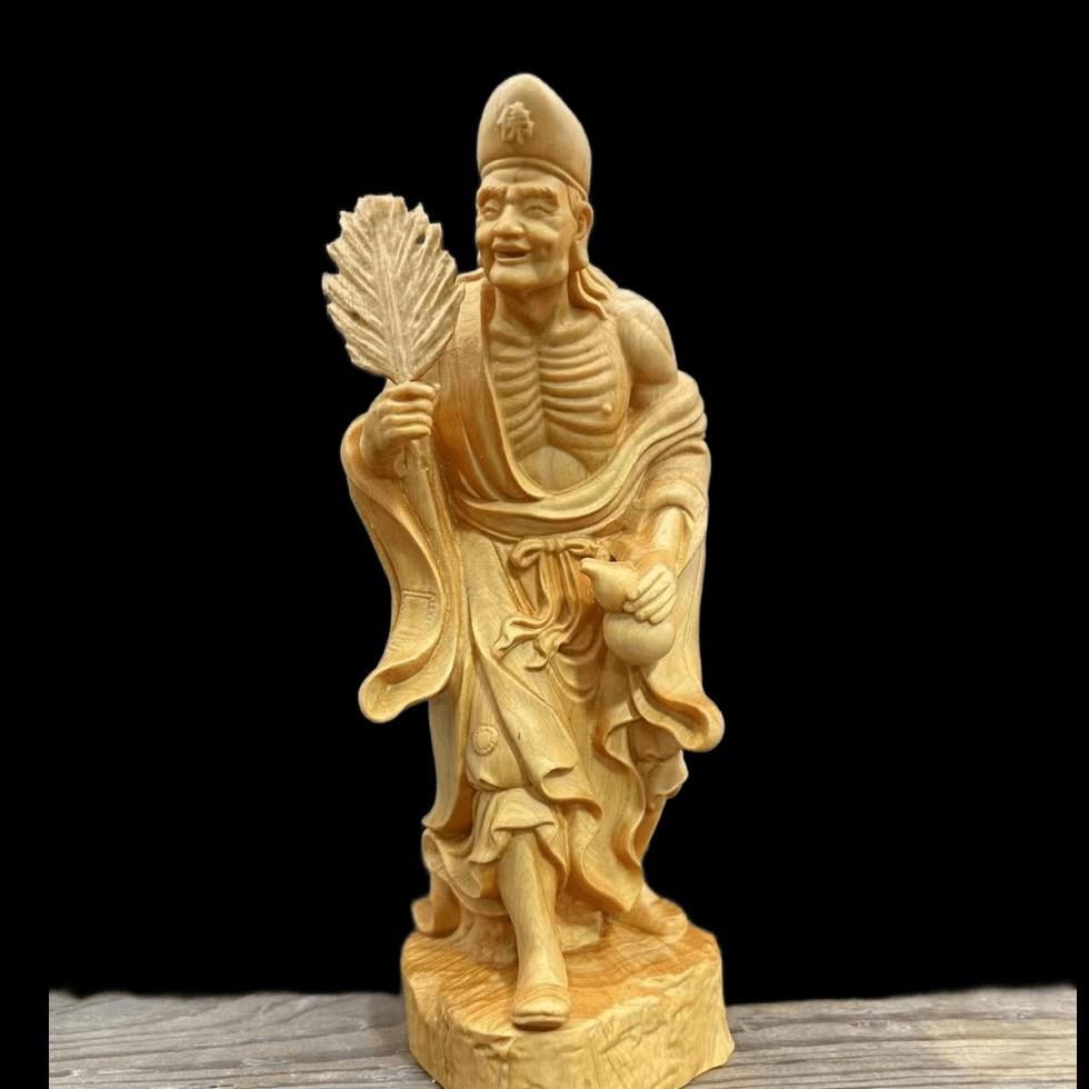 崖柏木雕家居风水摆件济公活佛工艺品降龙罗汉醉佛手工神像摆设