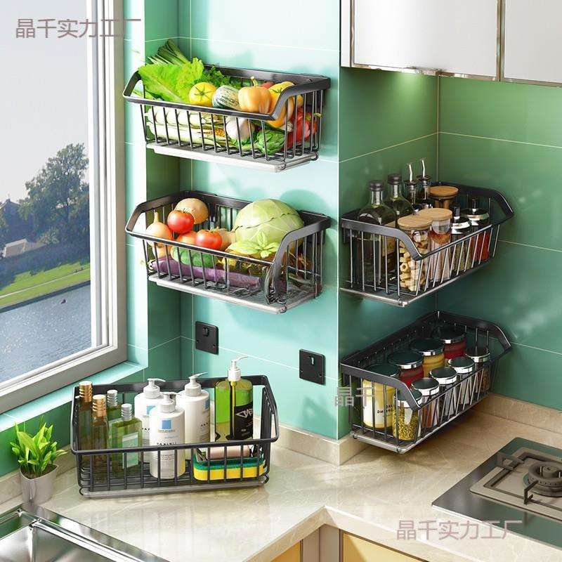 免打孔厨房置物架壁挂姜蒜储物架家用墙上多功能果蔬菜篮子收