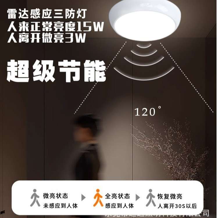 LED雷达感应吸顶灯全亮转微亮智能切换三防灯工程定 制感应灯具
