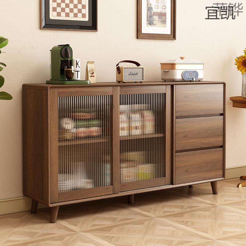 YP5实木餐边柜茶水柜酒柜储物柜客厅一体靠墙胡桃色新中式餐厅收
