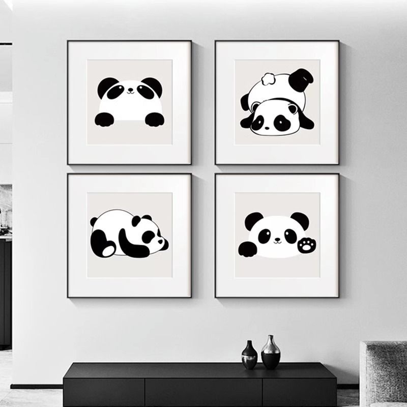 黑白熊猫客厅挂画可爱北欧小众简约儿童房卧室正方形装饰画图片
