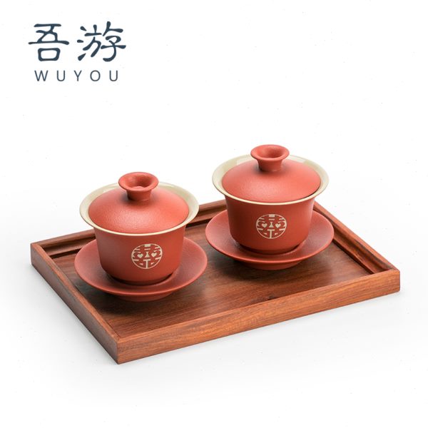 喜茶结婚盖碗茶具新人新一对敬茶杯婚庆套装托盘礼口红色陶瓷改杯