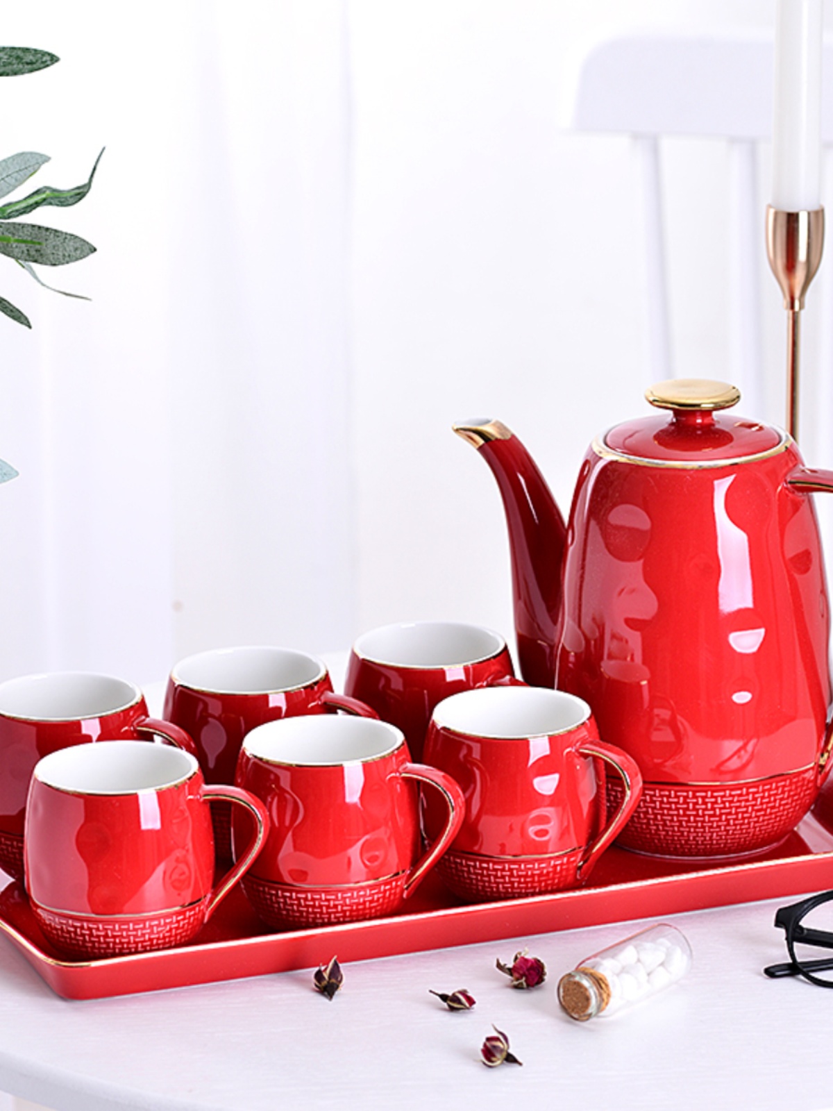 品北欧喜庆轻奢水具茶具套装家用客厅茶杯水杯茶壶杯具水壶托盘新