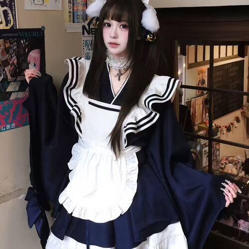 日系海军女仆装Lolita裙可爱软妹学院风长袖不规则连衣裙围裙套装