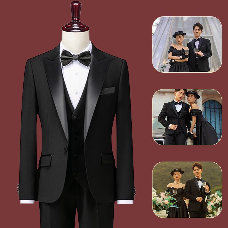 青果领西服套装男士团体演出服装大码高档西装三件套结婚礼服免烫