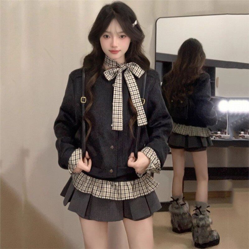 春秋新款韩系甜美温柔学院风上衣短裙外套三件套套装女