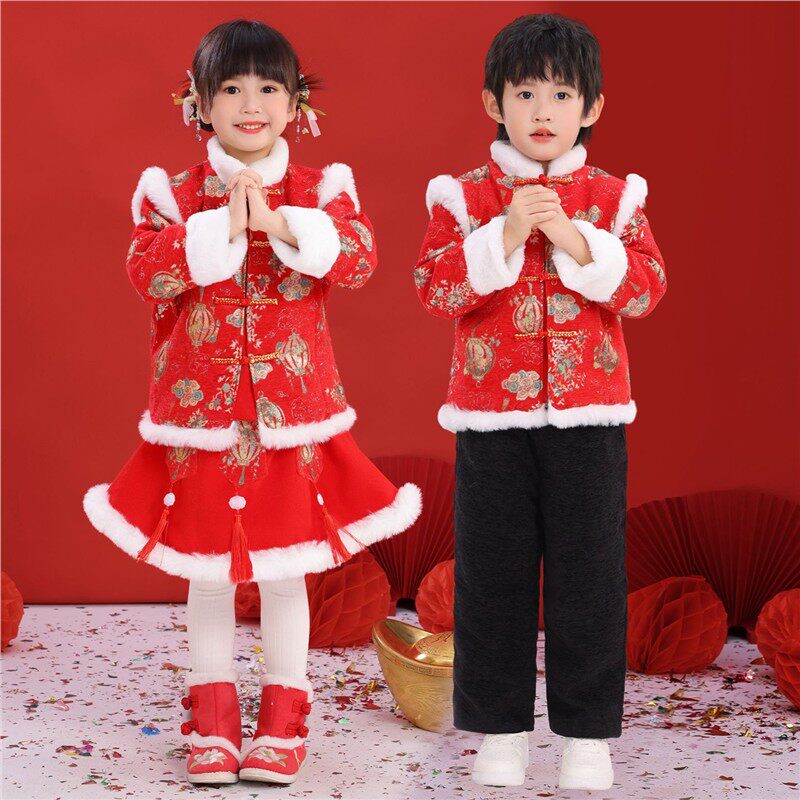 男童拜年服女童喜庆汉服冬装儿童过年服周岁宝宝礼服套装2025新款