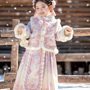 2026年新款汉服女童冬加厚套装新中式马年新品加绒粉色女童拜年服