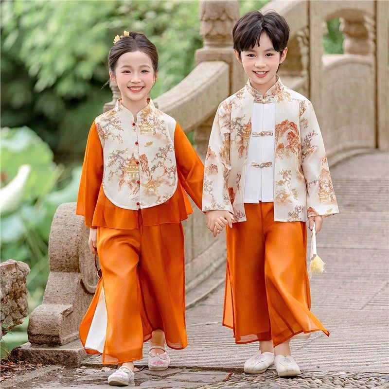 新款男女童新中式唐装表演服国风汉服套装改良式款童装春秋季男孩