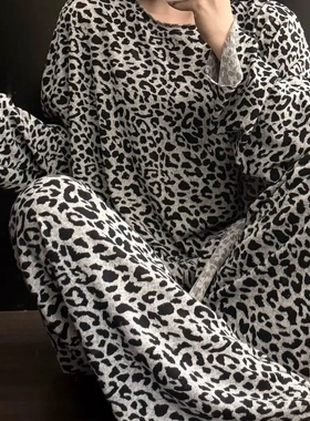 LOYO睡衣慵懒感时尚豹纹舒适睡衣女春秋宽松长袖家居服套装可外穿