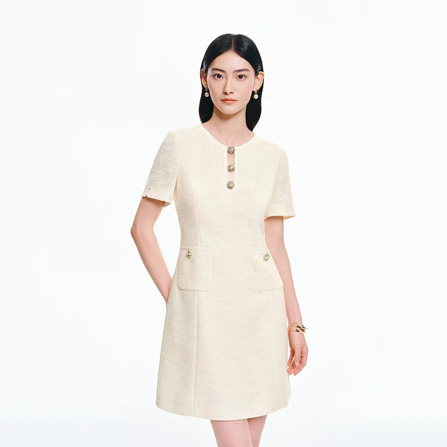 珂莱商场同款2026夏季新款女装优雅轻盈柔软透气香风绞综网连衣裙