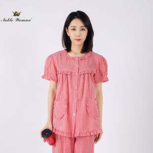 睡衣夏季 格子舒适时尚 贵夫人红色大码 女士纯棉家居服套装 短袖 短裤