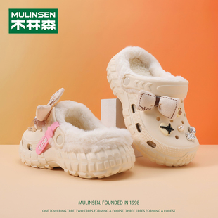 木林森儿童棉拖鞋女童保暖防滑室内中大童女孩公主冬季加绒洞洞鞋