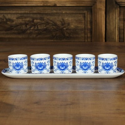 现货速发青花瓷连座杯三连五连陶瓷莲花仙家财神酒杯供桌茶杯神台