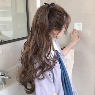 快速发货绑带式长发假马尾 假发女气质扎发长卷发T 自然麻花辫子