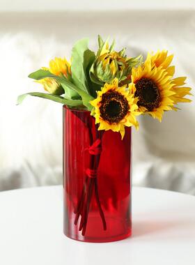 大红色落地璃直筒花瓶玻简约视轻奢axcp-068水培婚电庆客厅玄关柜