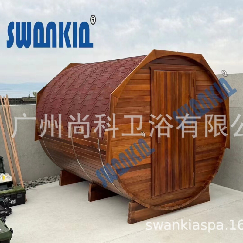 户外红雪松圆桶桑拿房汗蒸室外圆桶汗蒸房哈维亚炉全景视窗沥青瓦