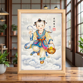 善财童子画像相框招财散财童子摆台客厅玄关装 饰画桌面摆件