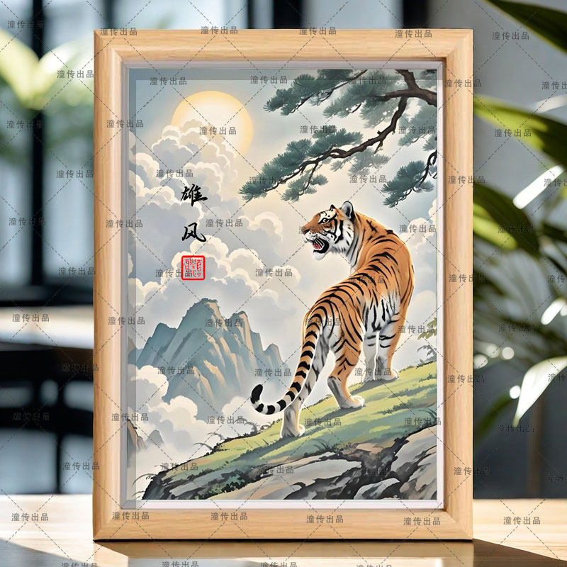 新款上山虎风景画相框摆件室内家用办公室桌面老虎画装饰画摆件