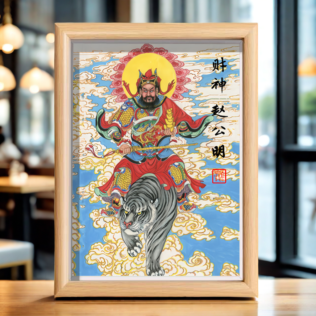 武财神赵公明财神骑虎像财神赵公明神像画像挂像木制玻璃相框