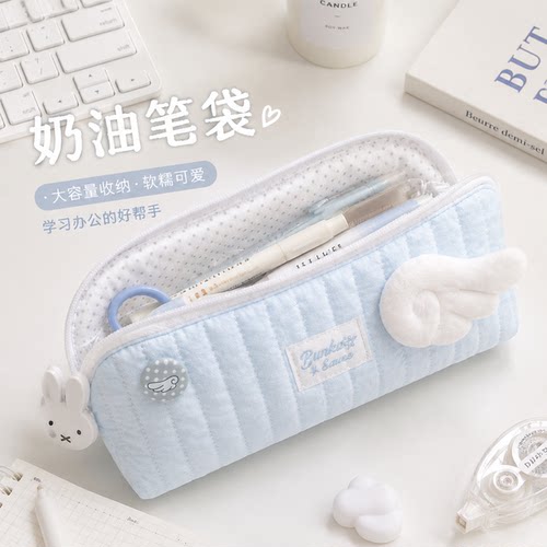 韩系海盐蓝云朵笔袋可爱立体翅膀波点内里多层分格学生笔袋