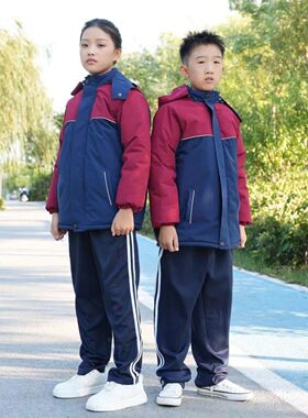 冲锋衣秋冬加绒加厚一体棉服幼儿园儿童班服保暖红蓝拼色冲锋衣