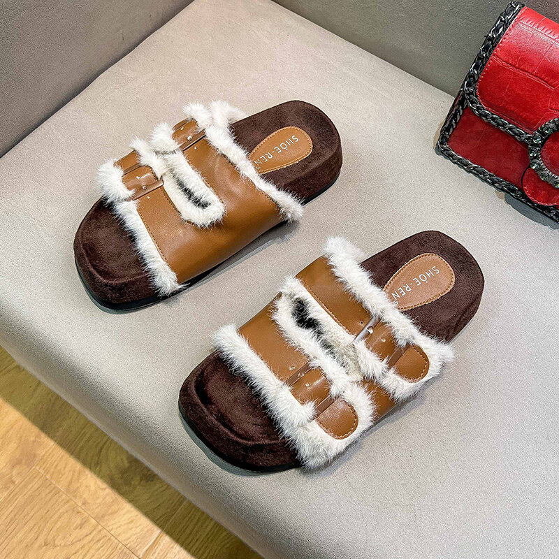 网红超火!双一字扣毛毛半拖鞋女秋冬新款居家外穿舒适保暖棉拖鞋