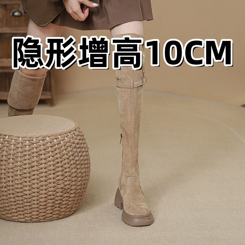 网红复古西部牛仔靴女秋冬过膝长筒靴加绒内增高厚度两穿骑士靴子