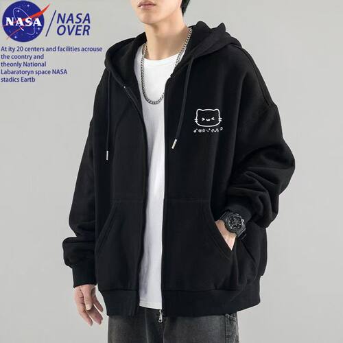 NASA联名校园风线条小猫休闲宽松连帽卫衣外穿保暖秋冬外套男女款