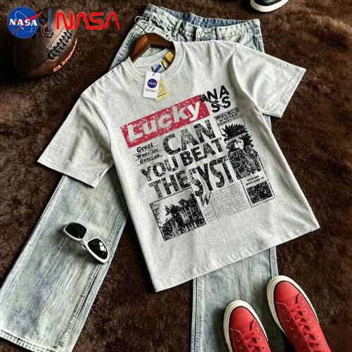 NASA联名复古做旧涂鸦报纸字母短袖体恤男女同款夏季时尚街头百搭