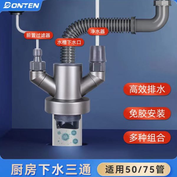 或洗烘厨房干洗碗机下水三通防臭神器套装净水艾密封塞净前置通用