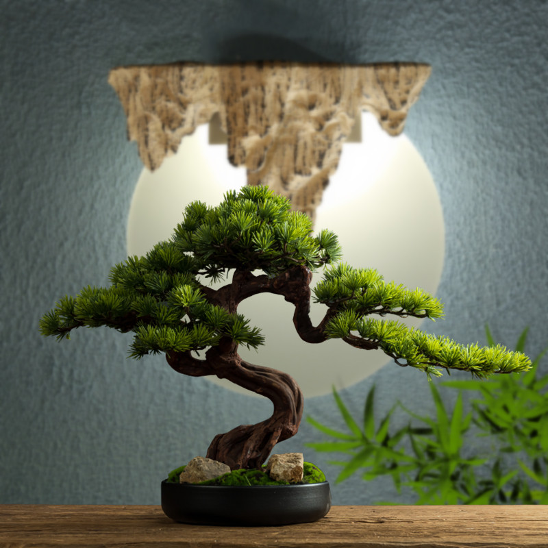 客厅实木仿真迎客松玄关绿植黑松盆景办公室五针松植物罗汉松摆件