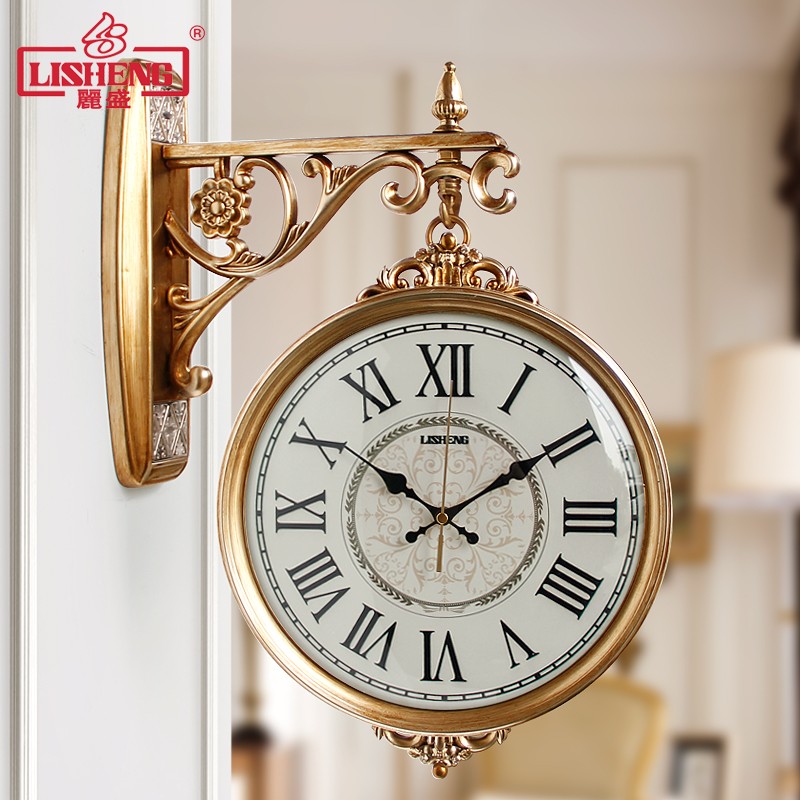丽盛欧式双面挂钟静音客厅现代简约家用钟L表个性挂表田园创意时
