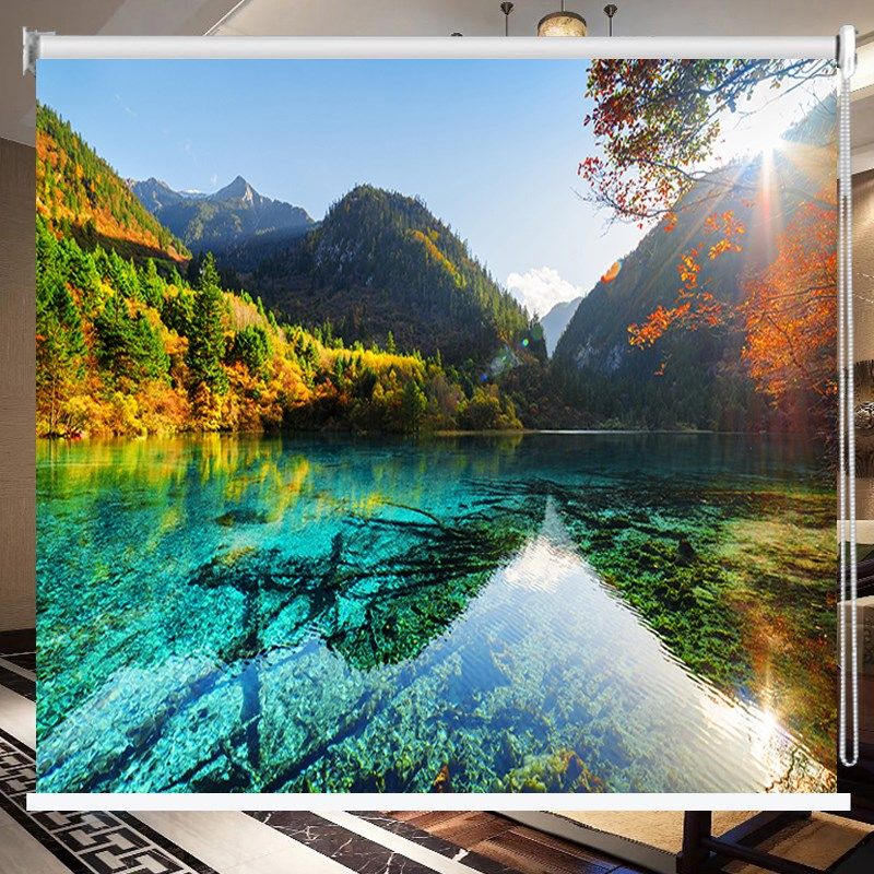 山水风景山水升降窗帘挂画卧室办公室全遮光布遮阳防水手拉式卷帘