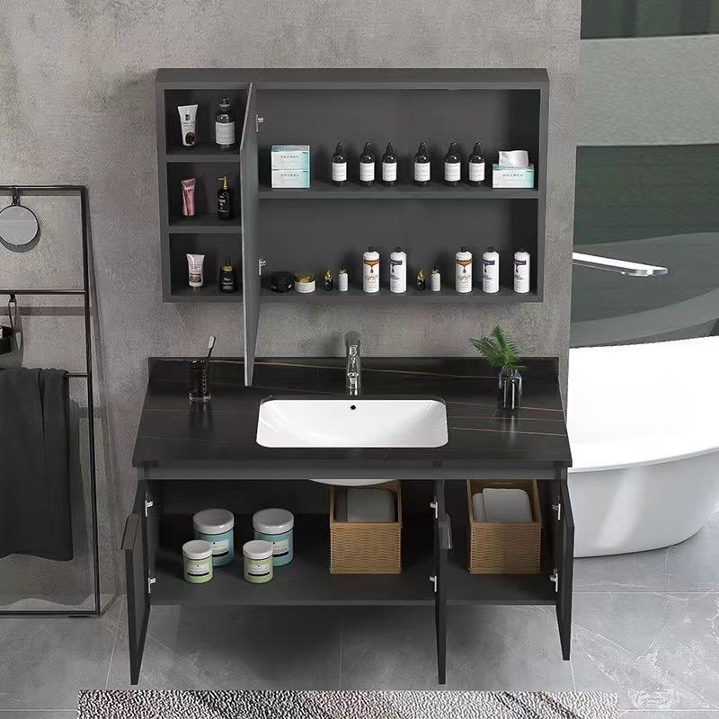 黑色岩板80cm浴室柜一体陶瓷洗脸盆柜组合卫P生间洗漱台面智能镜