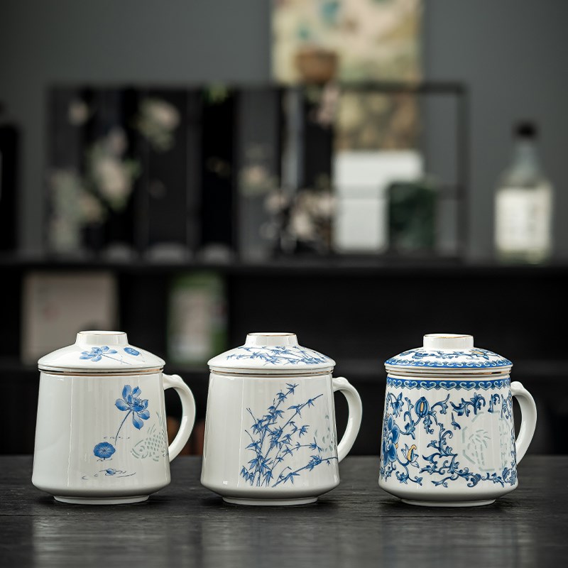 青花玲珑a茶水分离杯羊脂玉瓷茶杯办公杯陶瓷水杯办公室泡茶杯定