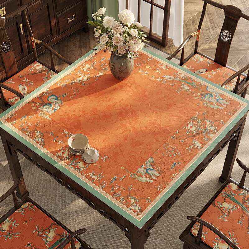 新中式桌布正方形餐桌垫布防水茶几布国风轻奢高级感八仙桌垫桃锦